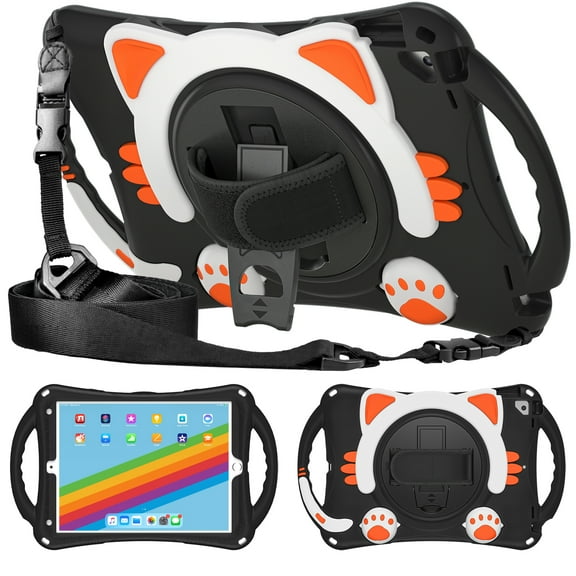 Dteck Shoulder Strap Case for Apple iPad 8th Generation 10.2" (2020),360° Rotating Hand Strap Kids Friendly Shockproof Cute Rubber Kickstand iPad 7th Gen 10.2" 2019 Protector Cover,Black Orange
