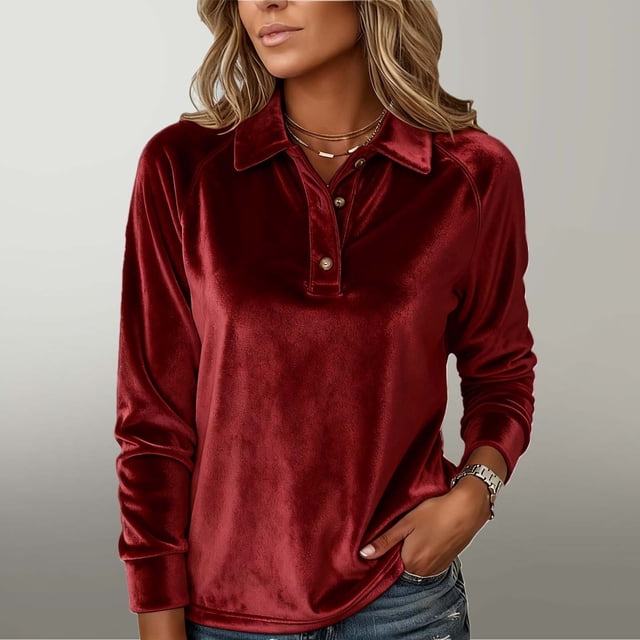 Karight Womens Vintage Velvet Blouse Long Sleeve Button Up Lapel Neck Henley Shirts Basic Solid Color Casual Winter Tops