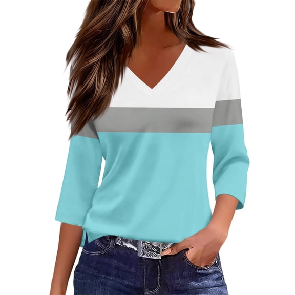 Women V Neck T Shirts Trendy Graphic 3/4 Sleeve Tops Comfortable Soft Tees Classic Loose Dressy Summer Shirts Cyan XXL