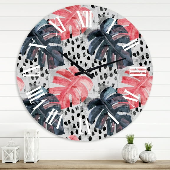 Designart 'Colored Monstera On Rough Brush Strokes I' Tropical Wall Clock