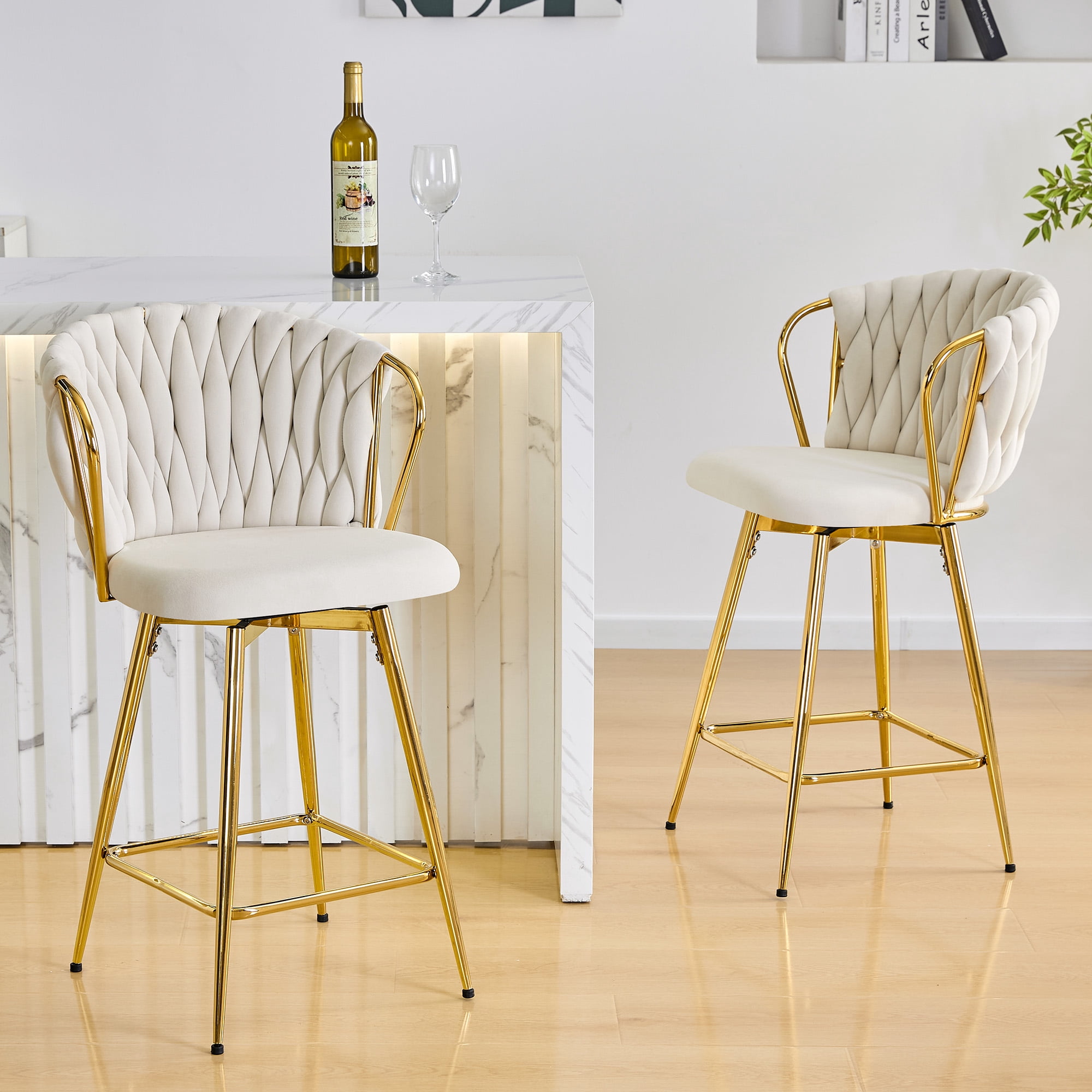 Alvantor Bar Stools Set of 2 Modern Velvet Braided Bar Stools Counter Stool Chairs for Kitchen Island Beige