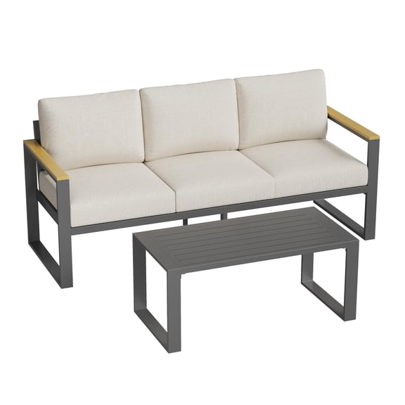 Aluminum Outdoor Patio Furniture with 3-Seat Sofa & Coffee Table, All-Weather Modern Metal Leisure Set with Washable Thick Cushions for Balcony, Garden, Deck & Backyard, Beige