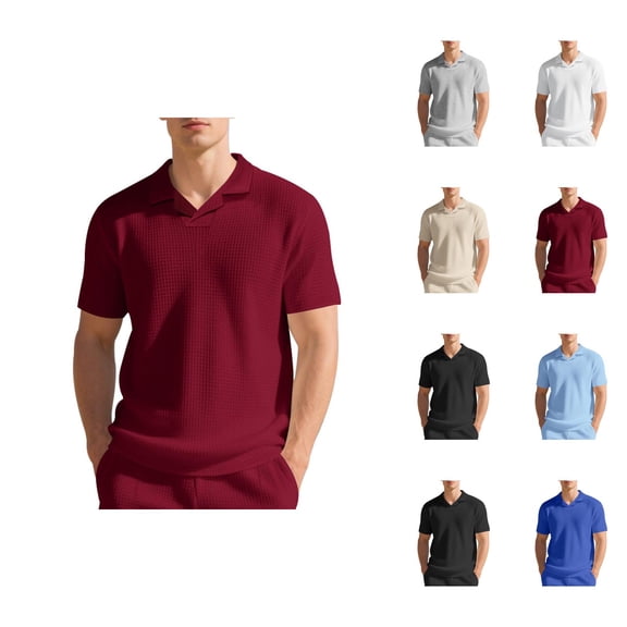 Waffle Polo Shirts for Men Summer Casual Short Sleeve Collared Relaxed Fit Plain Work Shirts Mens Tees