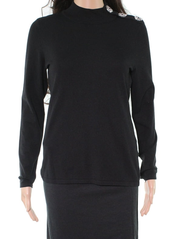 INC International Concepts Women's Mock Neck Jewel Button Sweater, Deep Black S