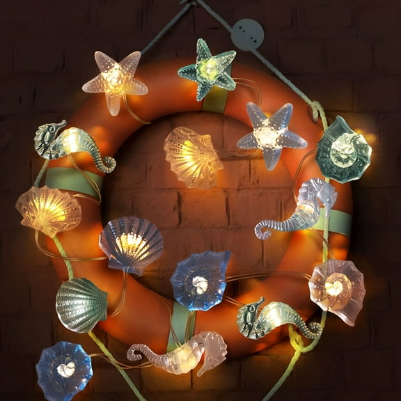 HIBIBUD 10ft LED Ocean String Lights Seashell Seahorse Conch Starfish Lights Battery Operated Waterproof Nautical Theme Lights for Home Party Decor