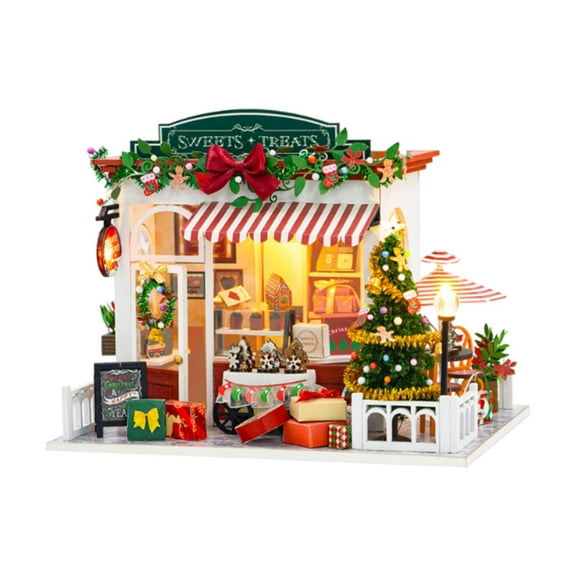 Almencla DIY Christmas Dolls House Miniature Garden House Kit Collectible with Lights Mini House Building Kits for Shop Birthday Hobby