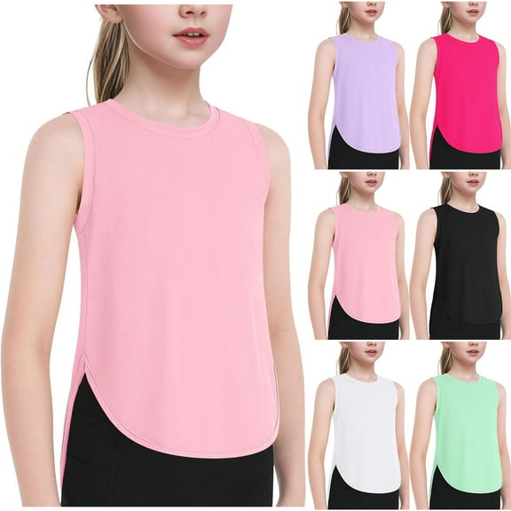 RTKFRFLM Girls Activewear Solid Color Tank Top Kids Summer Sporty Sleeveless Shirt with Curved Hem Soft Breathable Cotton Exercise Vest Trendy Girls Athletic School Wear Casual Tops