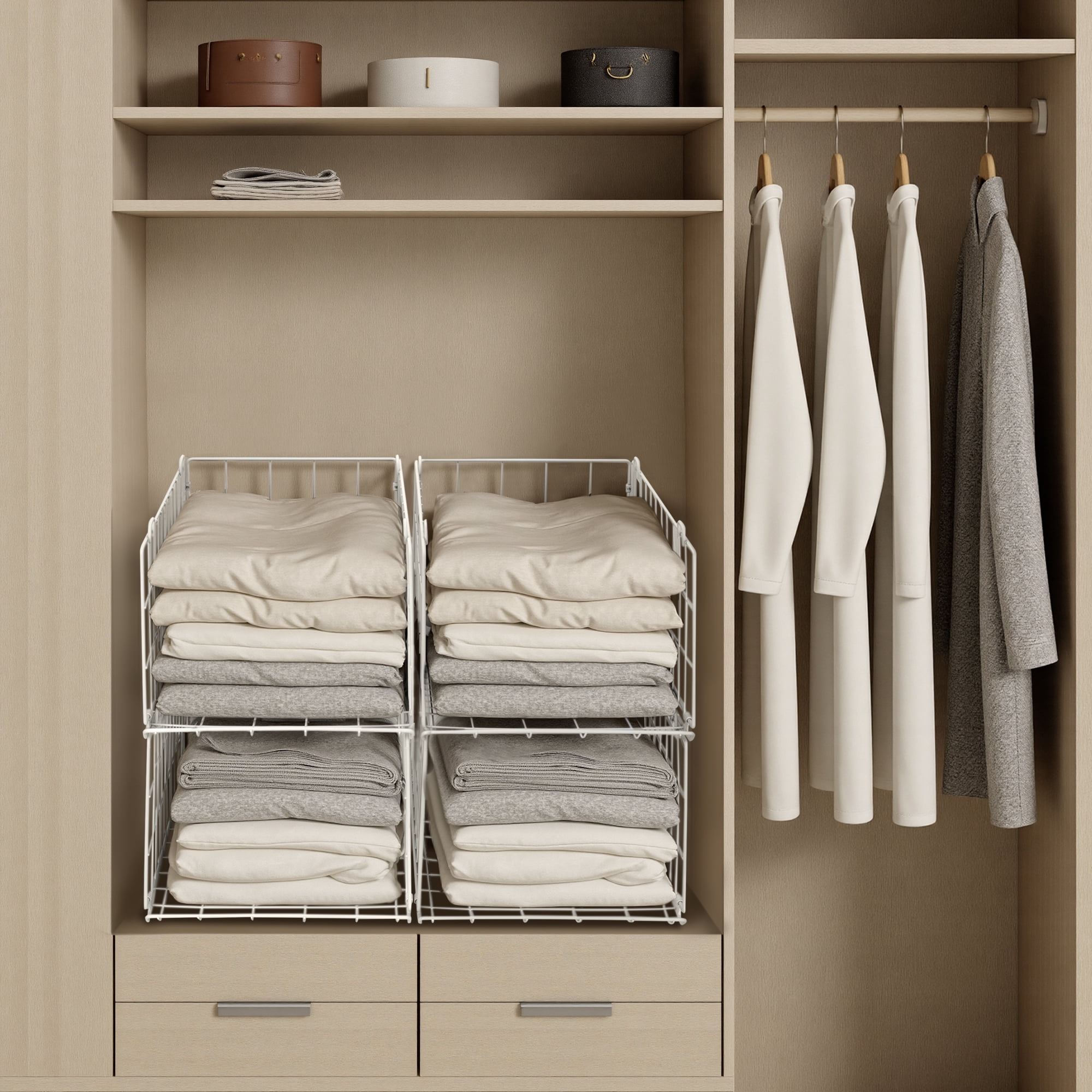 Lonian 4-Tier Stackable Closet Organizer, Foldable Metal Wire Storage Basket, White