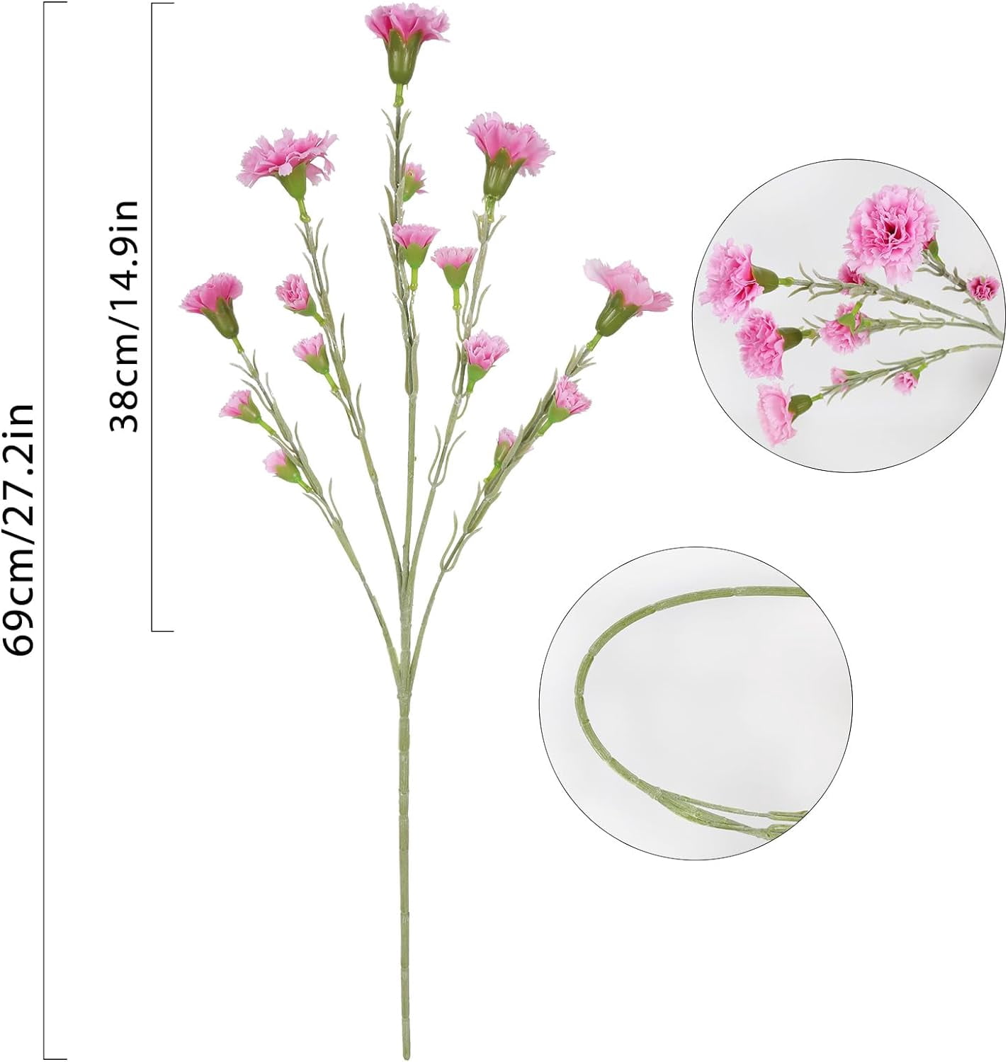 5heads 7.56in Pink Carnations Artificial Flowers Carnations Flowers Silk Flowers Pink Flowers Fake Flowers for Wedding Mother Home Office Decoration(Pink)