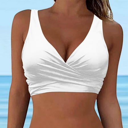 Gaecuw Womens Bathing Suit Tops with Bra Summer Criss Cross Front Swimsuit Tops Solid Color Swimwear Tops Push-Up Padded Bathing Suit Tops Strappy Beachwear V-Neck White XL