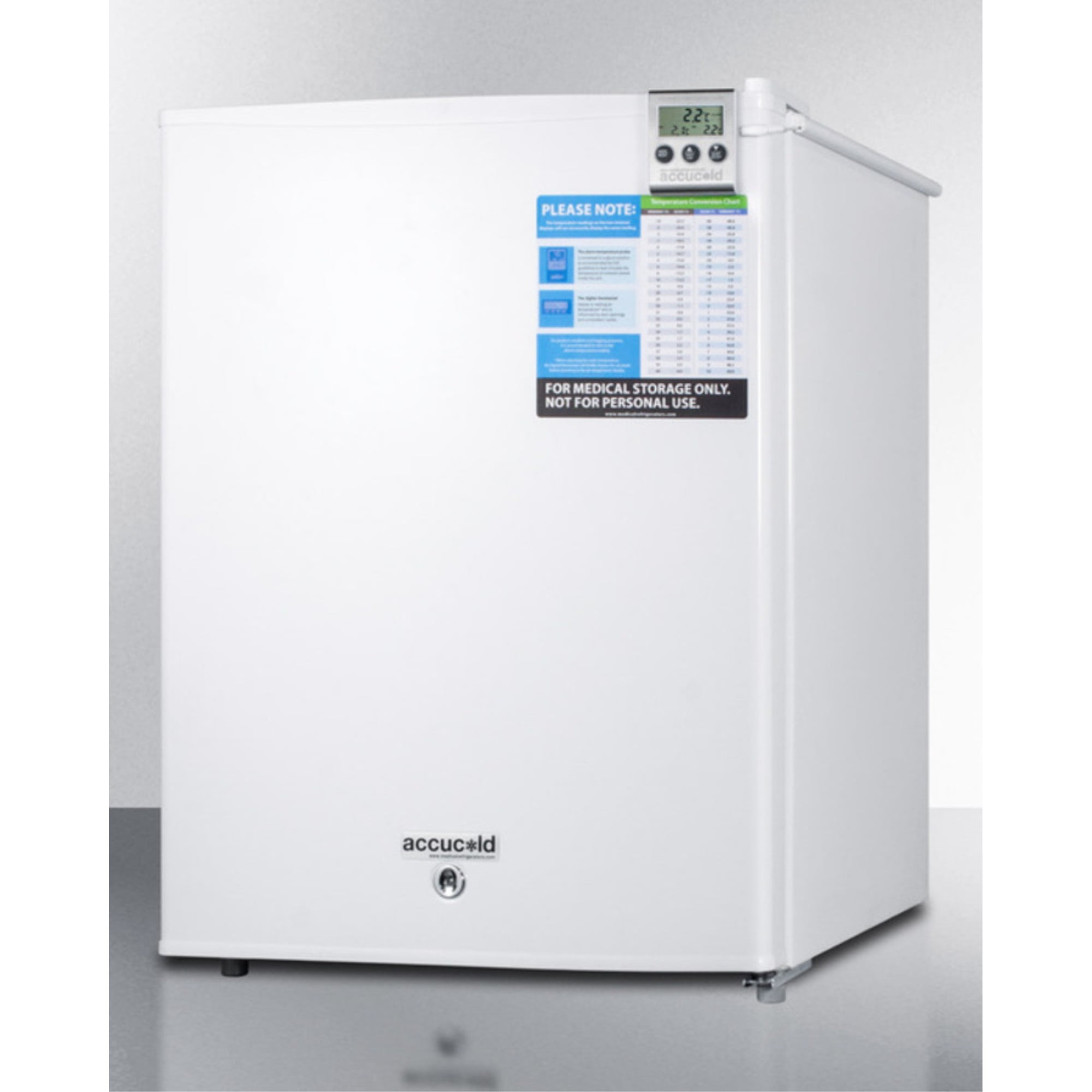 Compact medical all-refrigerator for temperature stable medical storage, with digital thermostat, lock, self-closing door, temperature alarm, and internal fan