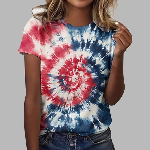 QUNYINEY Tie Dye Spring Shirts for Women 2025 Short Sleeve Casual Crew Neck Tops Going Out Pullover Loose Shirts