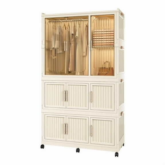 Portable Wardrobe Closet Storage Organizer for Clothes,Clothes Dresser,6 Magnetic Doors-6 Cubes & 2 Hanging Rod,6 pcs hangers , Baby Wardrobe Storage Cabinet,White