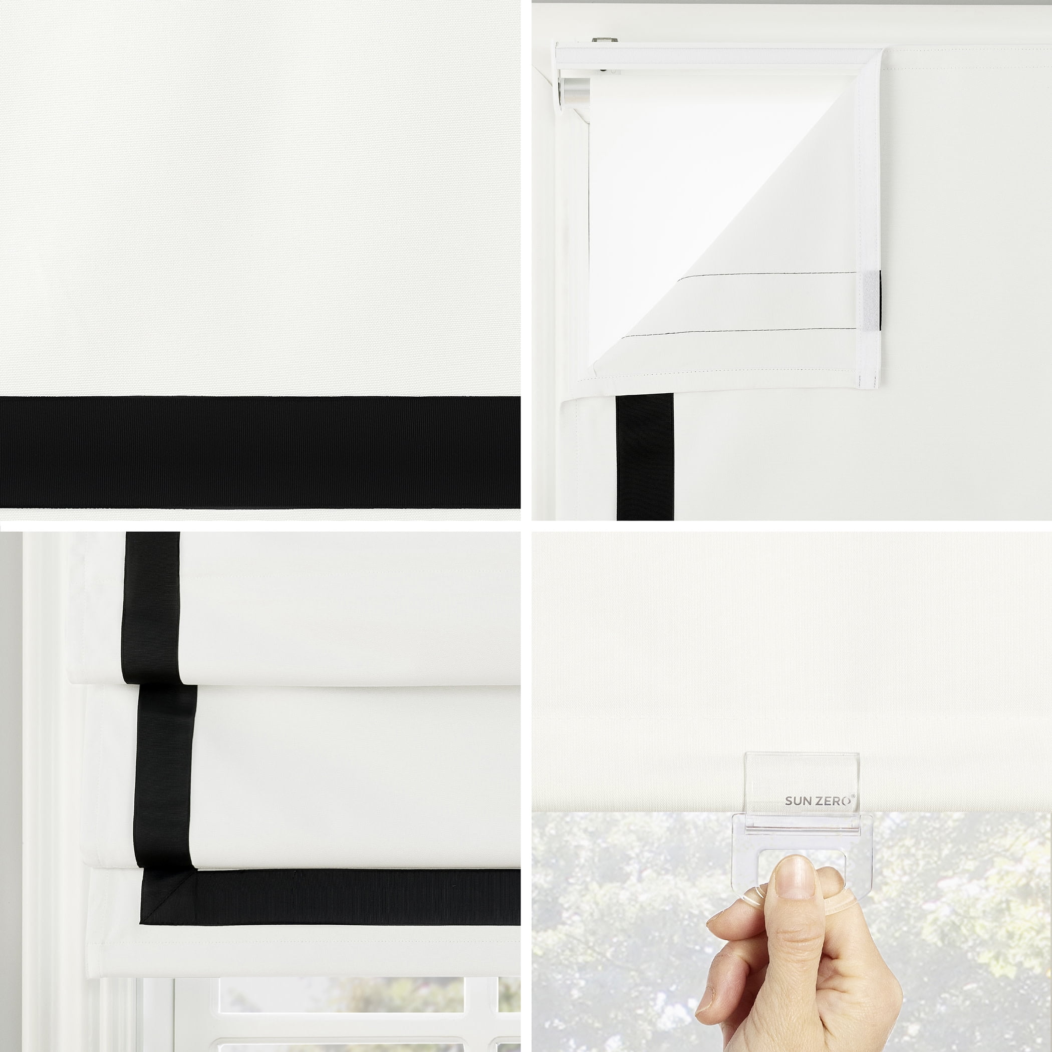 Sun Zero Olander Black Ribbon Border 100% Blackout Cordless Roman Shade, 31"W x 64"L, Black