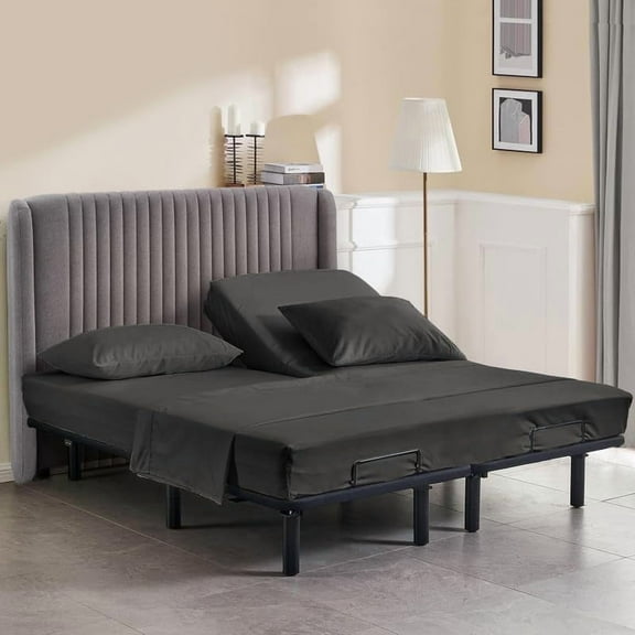 28" Top Split Head Sheets Queen Size, Premium 500-TC Egyptian Cotton Flex Head Sheets  Split Top, 4-PC Set, Fits 912" Deep Mattresses, Dark Grey