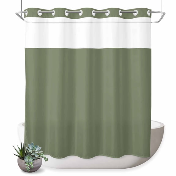 No Hook Shower Curtain, Green Solid Color Shower Curtains for Bathroom with See Through Top Window, Aesthetics Contemporary Luxury Waterproof & Washable Bath Curtain Standard 72"x72"