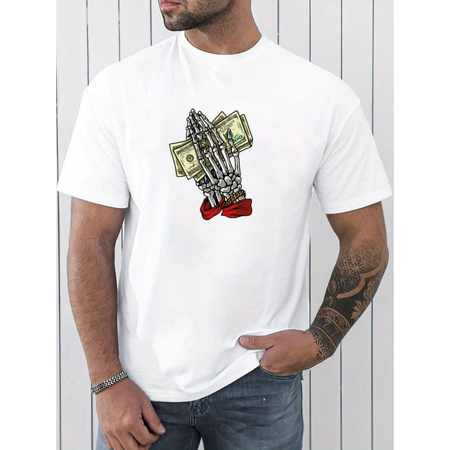 Men's Casual Athletic T-Shirt with Unique Skeleton Hand Print - Crew Neck, Short Sleeve, Breathable 100% Cotton Fabric, Machine Washable Tee For Adult, Men, Women, Teen, Teenager, Adolescent, Youth