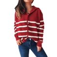 thumbnail image 2 of Women Long Sleeve Color Block Sweaters Striped Tops Button Down Open Front Knit Cardigan Coat Jackets Red S, 2 of 10