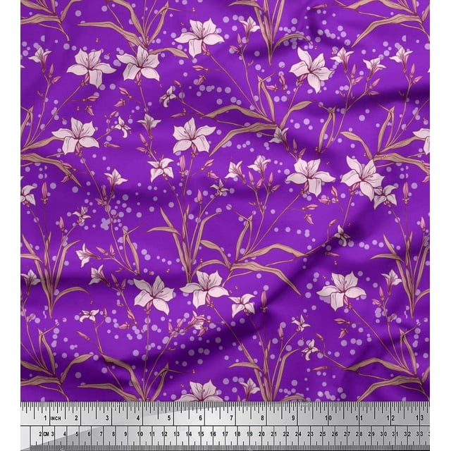Soimoi Cotton Cambric Fabric Leaves & Azalea Floral Print Sewing Fabric Yard 42 Inch Wide