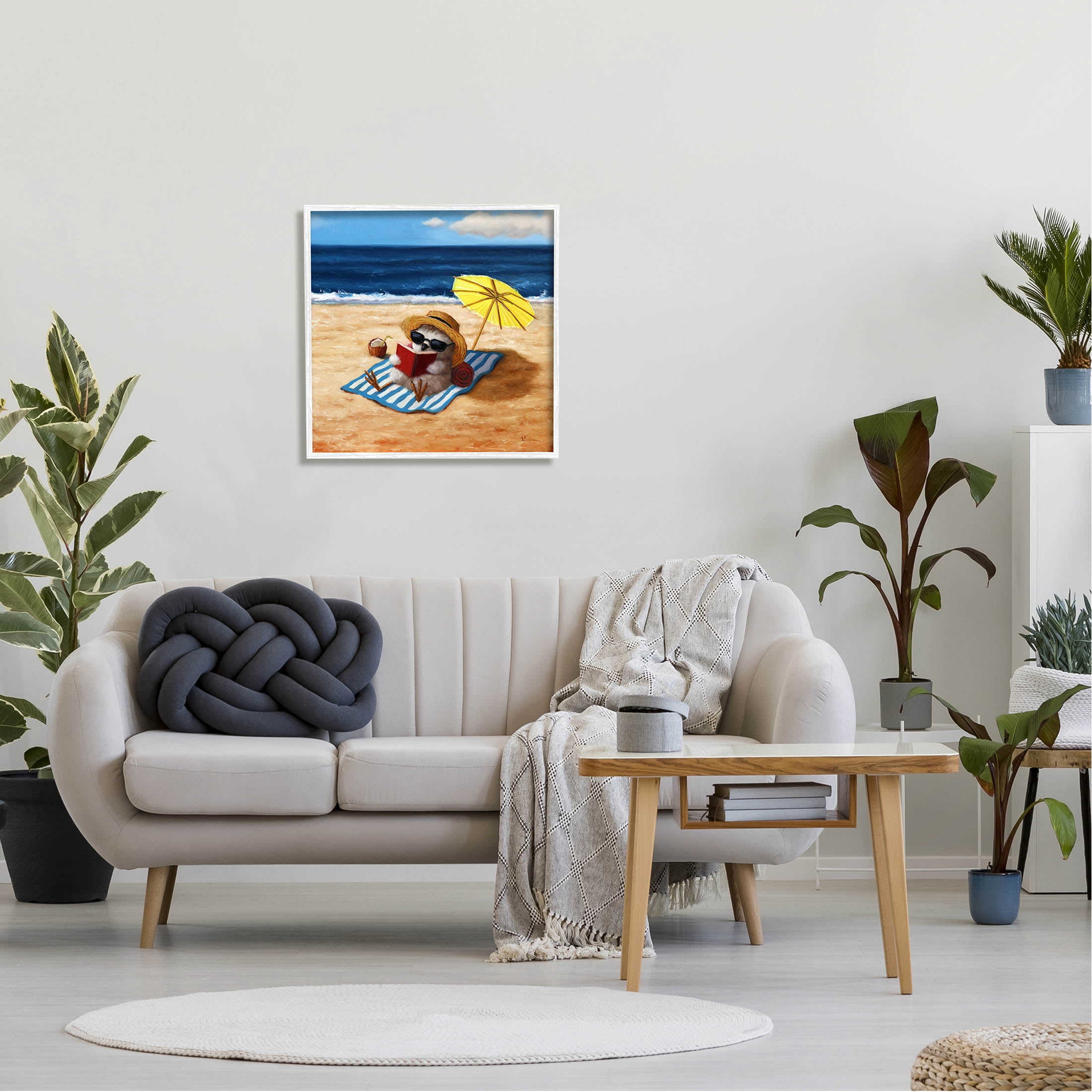 Bird Sunbathing Reading Beach Animals & Insects Painting White Framed Art Print Wall Art
