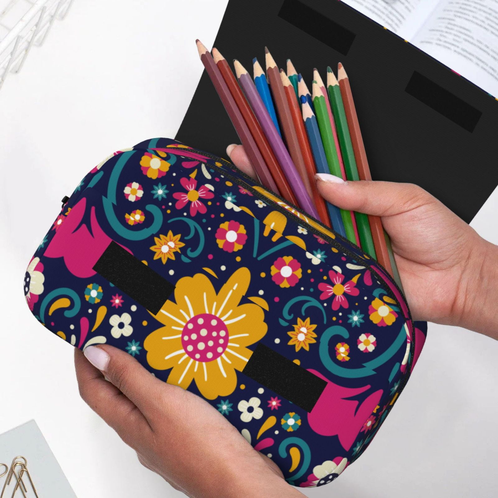 Rateoe Cinco De Mayo Floral Pattern Double Clamshell Pen Case, Storage Organizer with Two Zipper Compartments– Holds Up to 50 Pencils & Pens