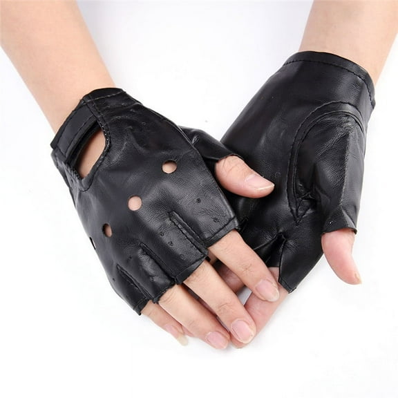 PU Leather Black Driving Motorcycle Biker Fingerless Gloves Men Women Glo WA