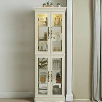 Tcbosik Display Cabinet with Glass Doors, Lighted Curio Cabinet with Adjustable Shelves, Wine Showcase for Home, Office, School, Antique White