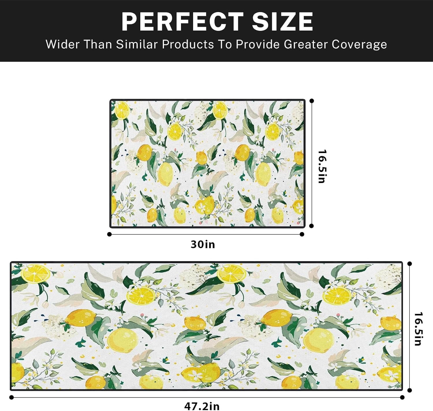 Lemon Kitchen Rugs and Mats Non Skid Washable Set of 2, Watercolor Kitchen Mats for Floor, Summer Tropical Fruit Kitchen Runner Rug, Lemons Kitchen Decor