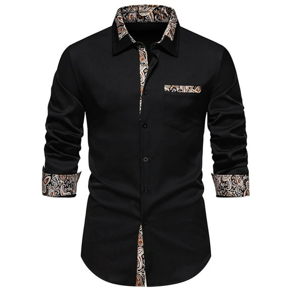 WREESH Men's Sophisticated Dress Shirts Button Down Long Sleeve Casual Tops with Patchwork, Matching Color Scheme, and Turn-Down Collar for a Polished Look Black