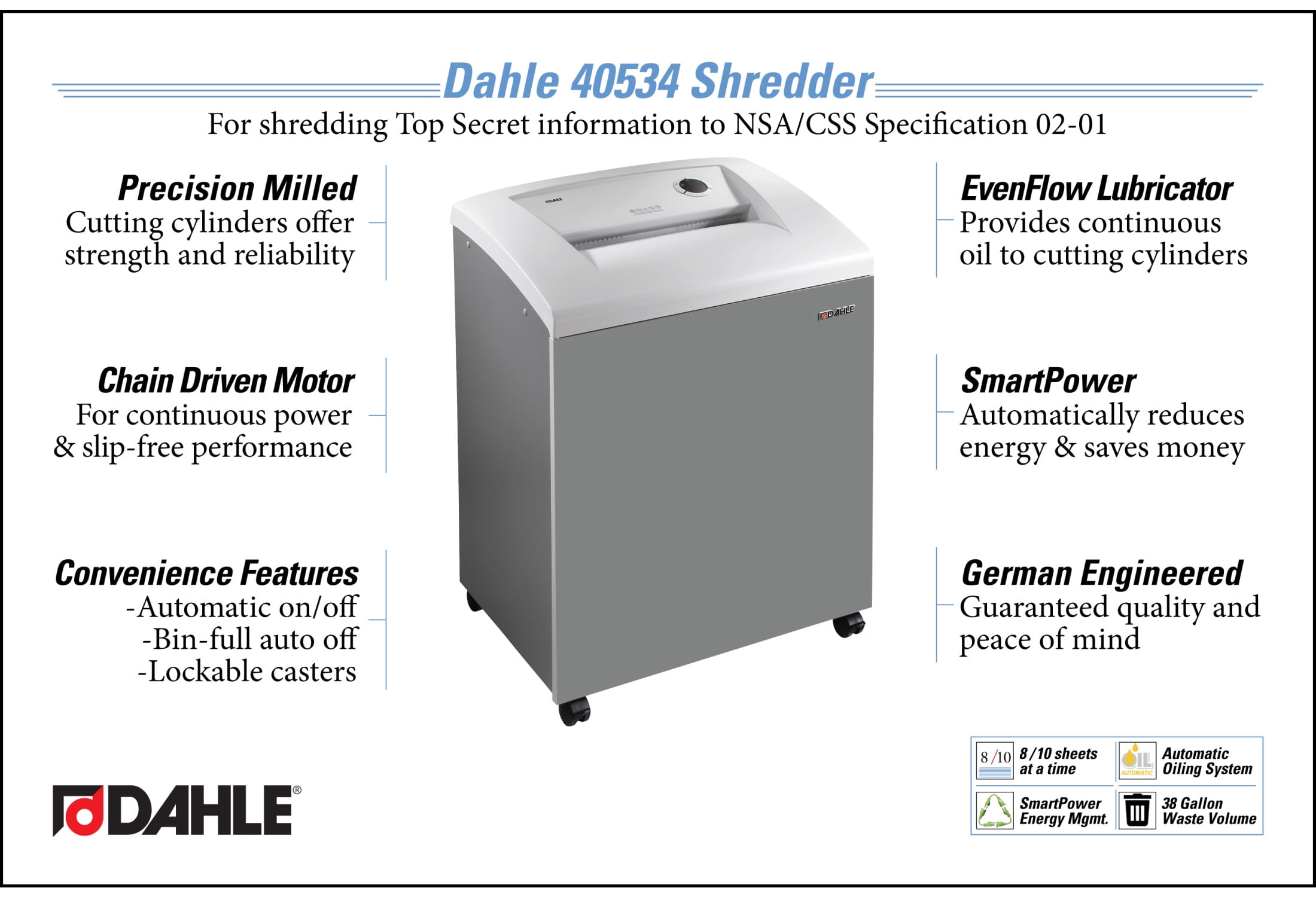 Dahle 40534 High Security Paper Shredder w/Auto Oiler, NSA/CSS 02-01, 8 Sheet Max, Level P-7
