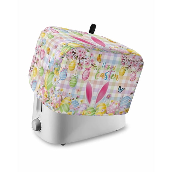 Happy Easter Toaster Cover 2 Slice, Small Kitchen Appliance Covers, Spring Bunny Colorful Eggs Flower Plaid Toaster Oven Cover with Loop, Bread Machine Cover Polyester Dust Cover Protection