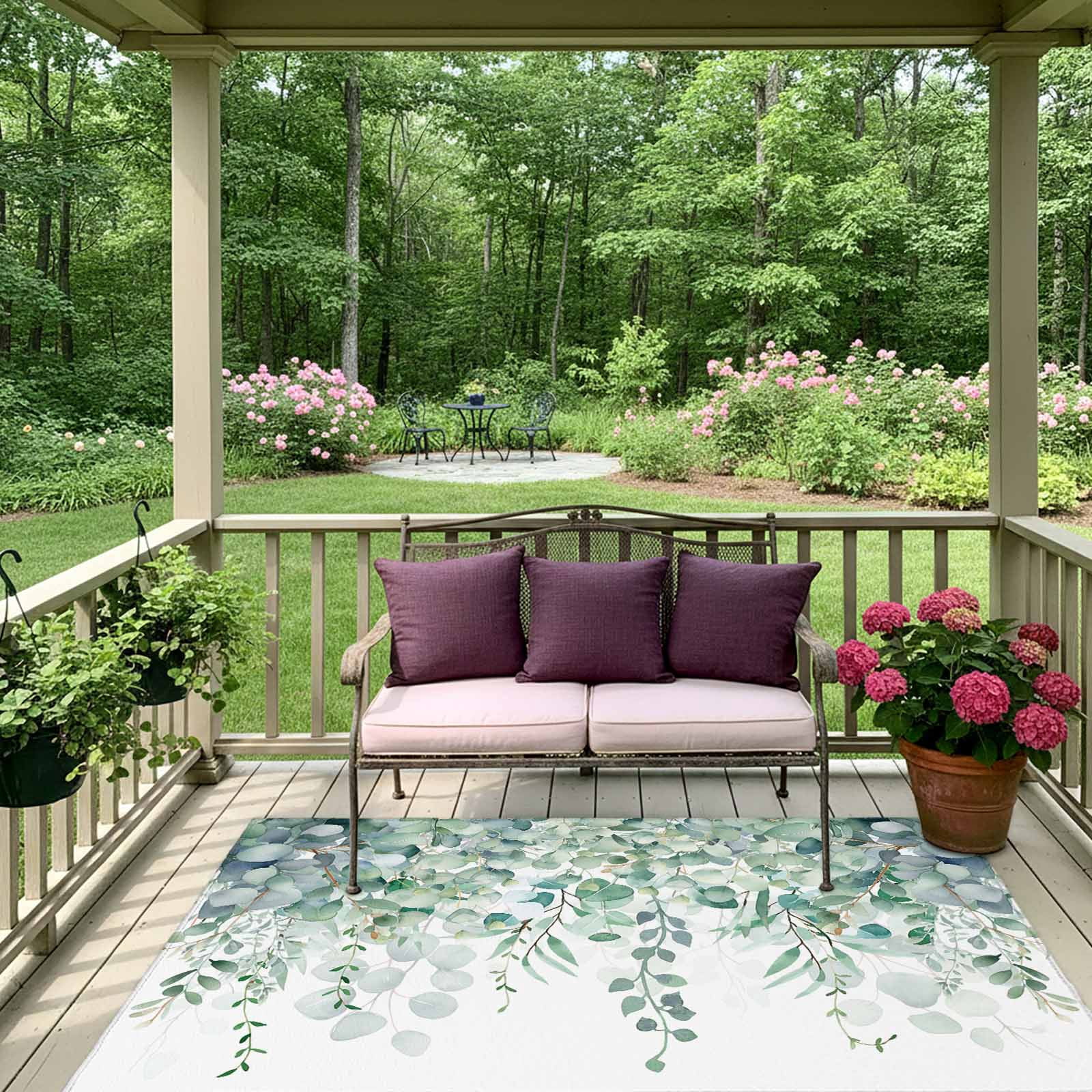 Outdoor Rug 5x8ft Sage Green Eucalyptus Large Area Rug Watercolor Leaves Indoor Outdoor Carpet Outdoor Rugs Mats for Patio Camping,RV,Front Door, Outside Decor