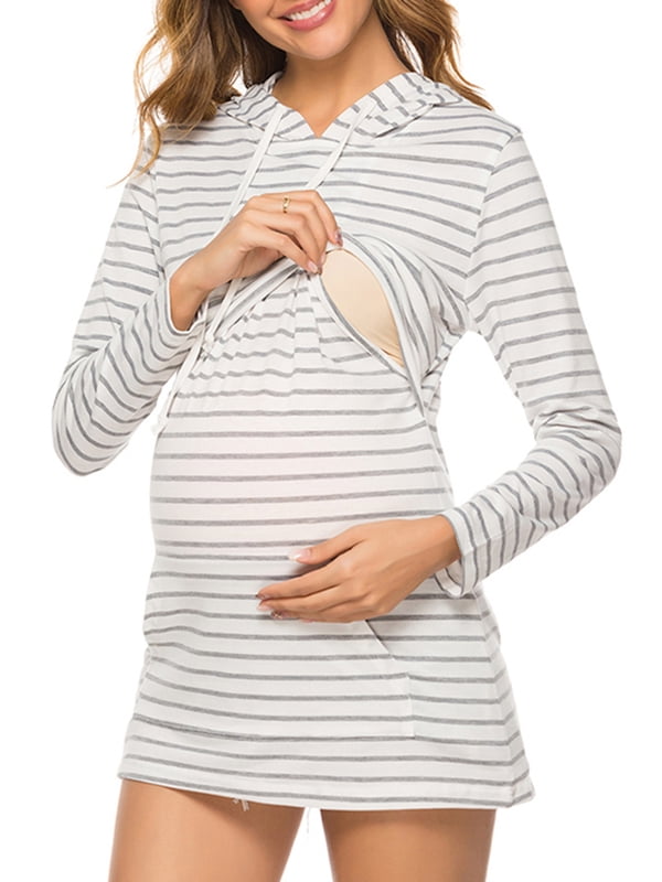 Qtymom Womens Maternity Stripe Long Sleeve Breastfeeding Hoodie