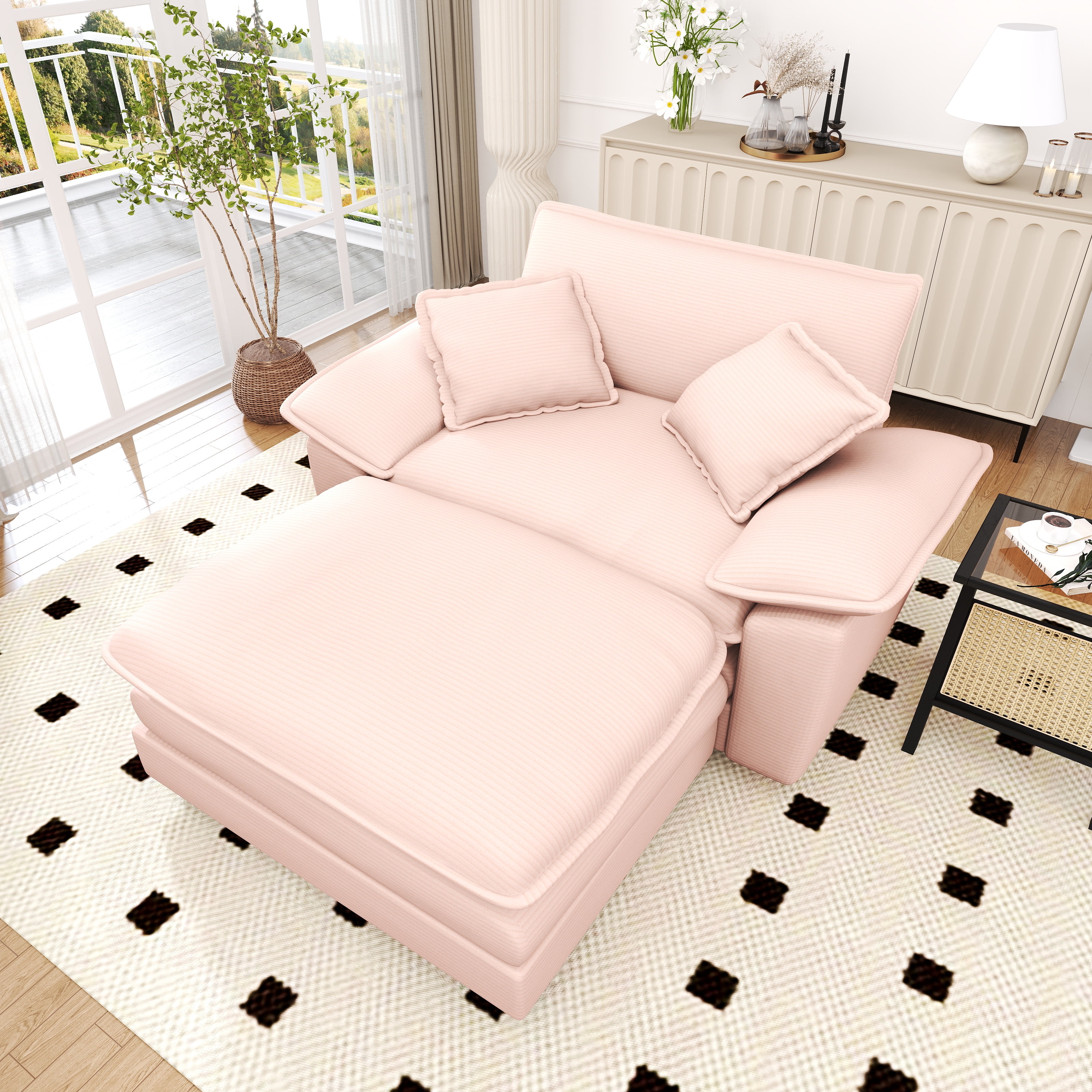 Lunale Oversized Lounge Chair & Ottoman Set - 48" Cloud Corduroy Accent Armchair for Modern Living/Bedroom, Pink Corduroy