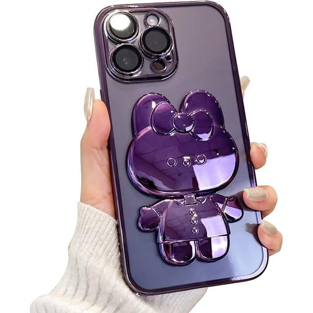 Funda para iPhone 11 con adorable conejito, soporte oculto, TPU suave, transparente, a prueba de golpes, con espejo 3D y protección para cámara, para mujeres y niñas (morado)