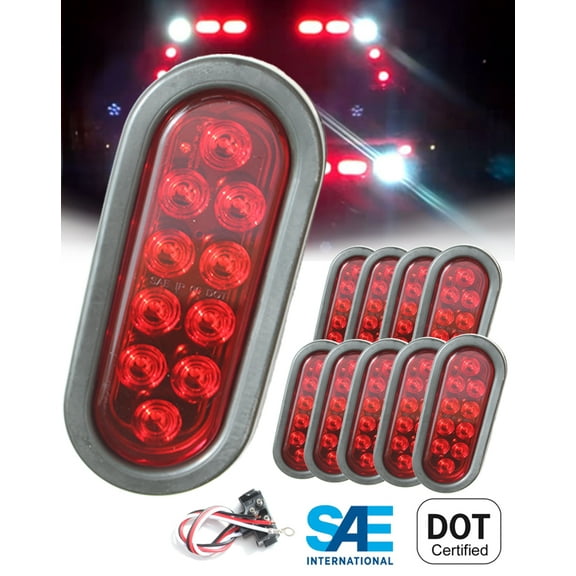 Set of 10 Pcs LED 6" Oval Red Brake Stop Turn Tail Marker Signal Lights for Truck Trailer Tractor w Grommet Pigtail Kit DOT SAE Approved