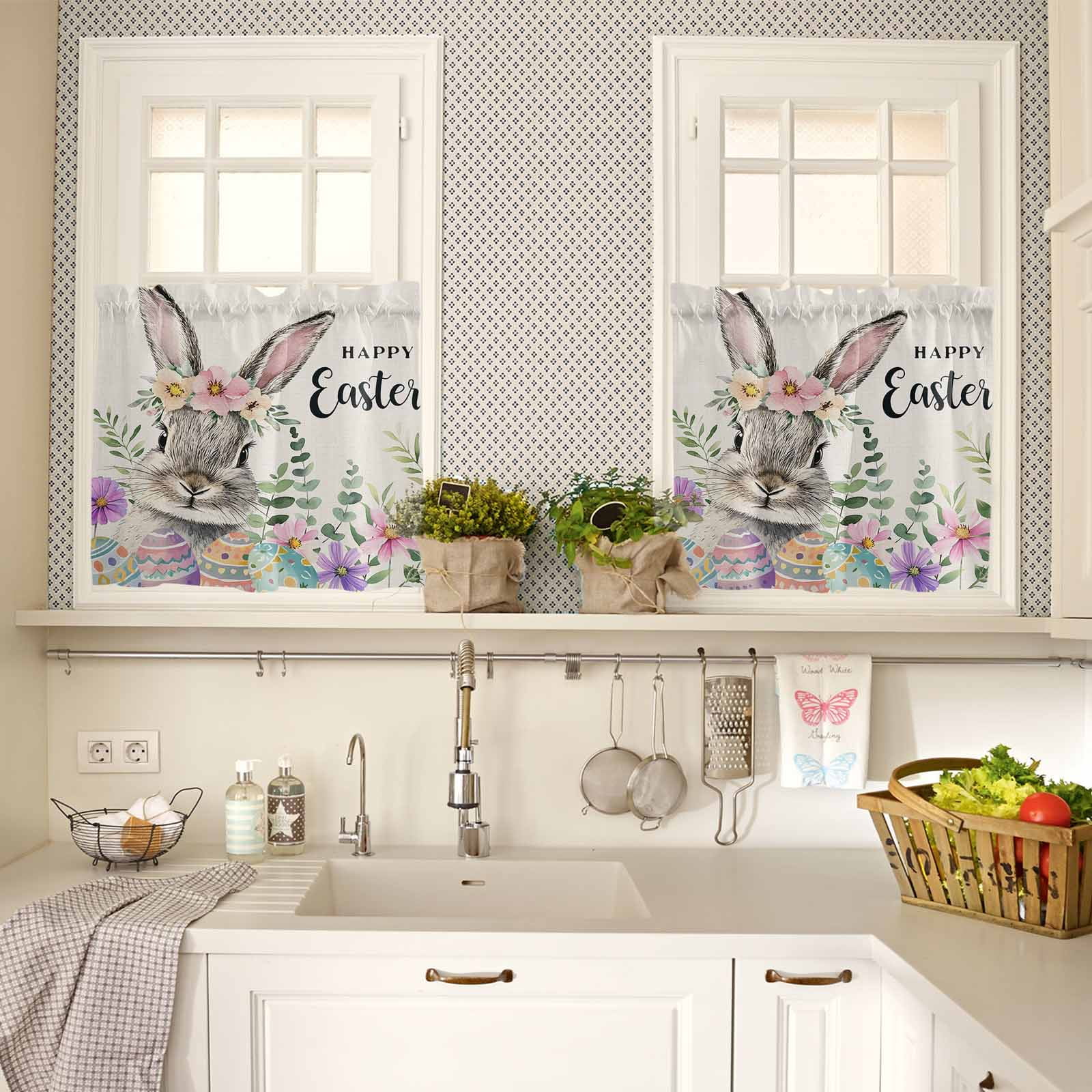 Happy Easter Kitchen Curtains Valances and Tiers Set of 3 Cute Spring Bunny Linen Texture Tier Curtains and Valance for Kitchen Bathroom Small Windows 27.5"W x 36"L (Pack of 3)