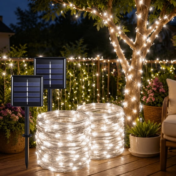 2 Pack Solar String Lights Outdoor Waterproof, 39FT 100 LED Warm White Fairy Lights, 8 Modes Copper Wire Solar Christmas Lights for Patio Yard Tree Garden Xmas Decorations (White)