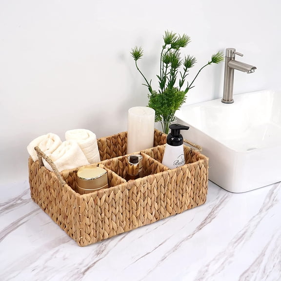Wicker Divided Storage Basket Woven Natural Hyacinth Organizer for Bathroom Kitchen Office Shelves Everyday 4 Section Rectangular Tray