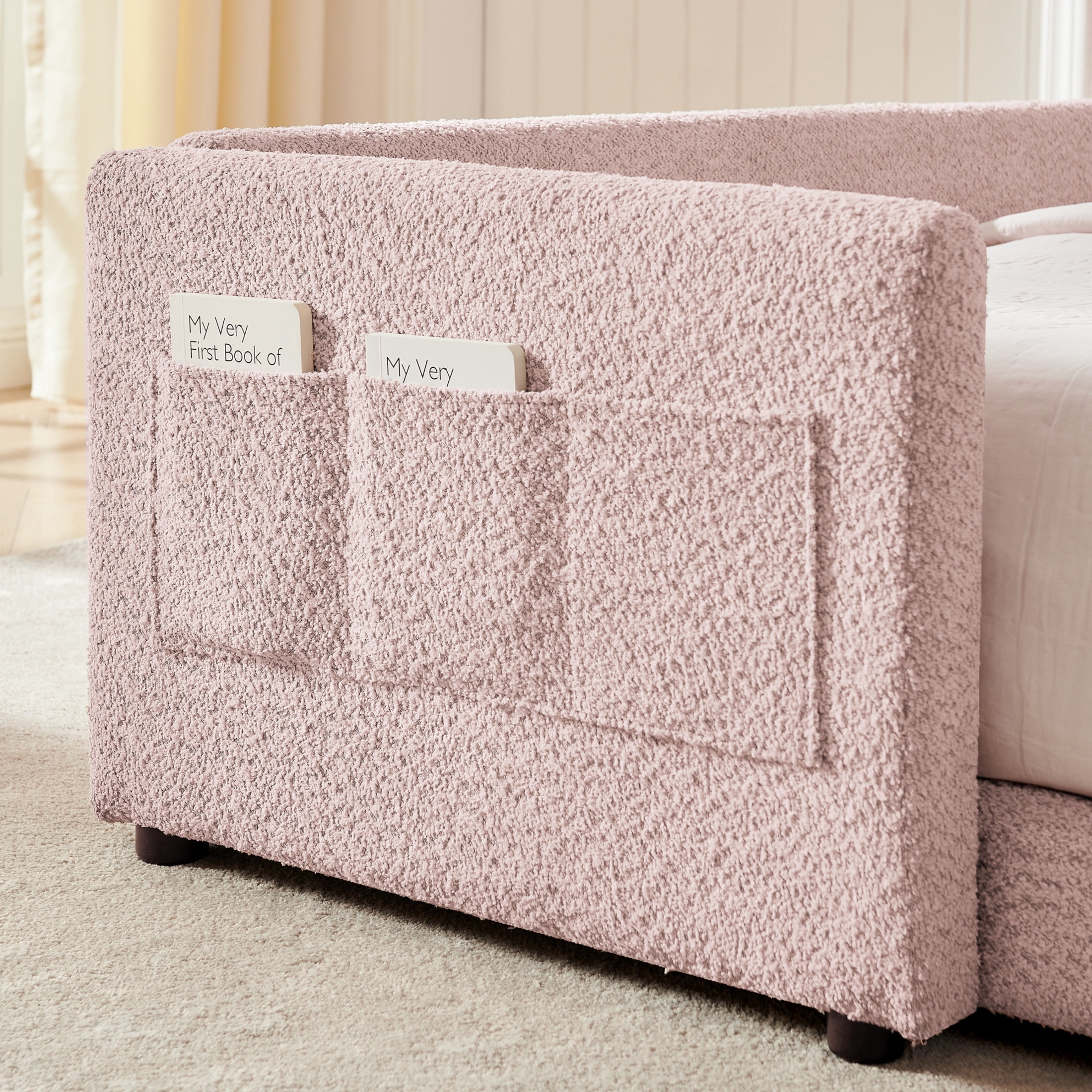 Noble House Ciara Full Boucle Upholstered Platform Bed, Cute Rabbit Ear Headboard Bed with Safety Guardrail, Pink
