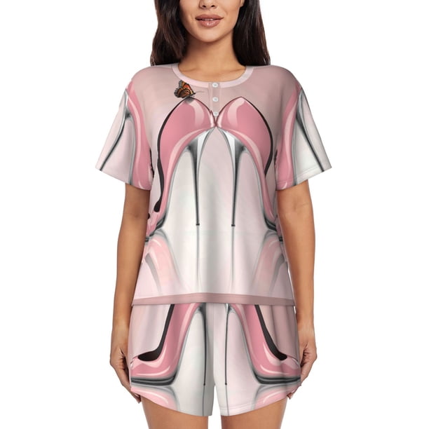 Fotbe High Heel Shoes Butterfly Conjunto de Pijama Estampado para Mujer, 2 Piezas, Ropa de Dormir con Camiseta de Manga Corta y Shorts Suaves-Small