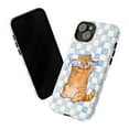 thumbnail image 3 of Cute Orange Cat with Fish Glasses Phone Case, Playful Cartoon Kitten on Blue and White Checkered Background, iPhone 16 15 14 13 12 11 Pro Max Mini Cover, 3 of 6