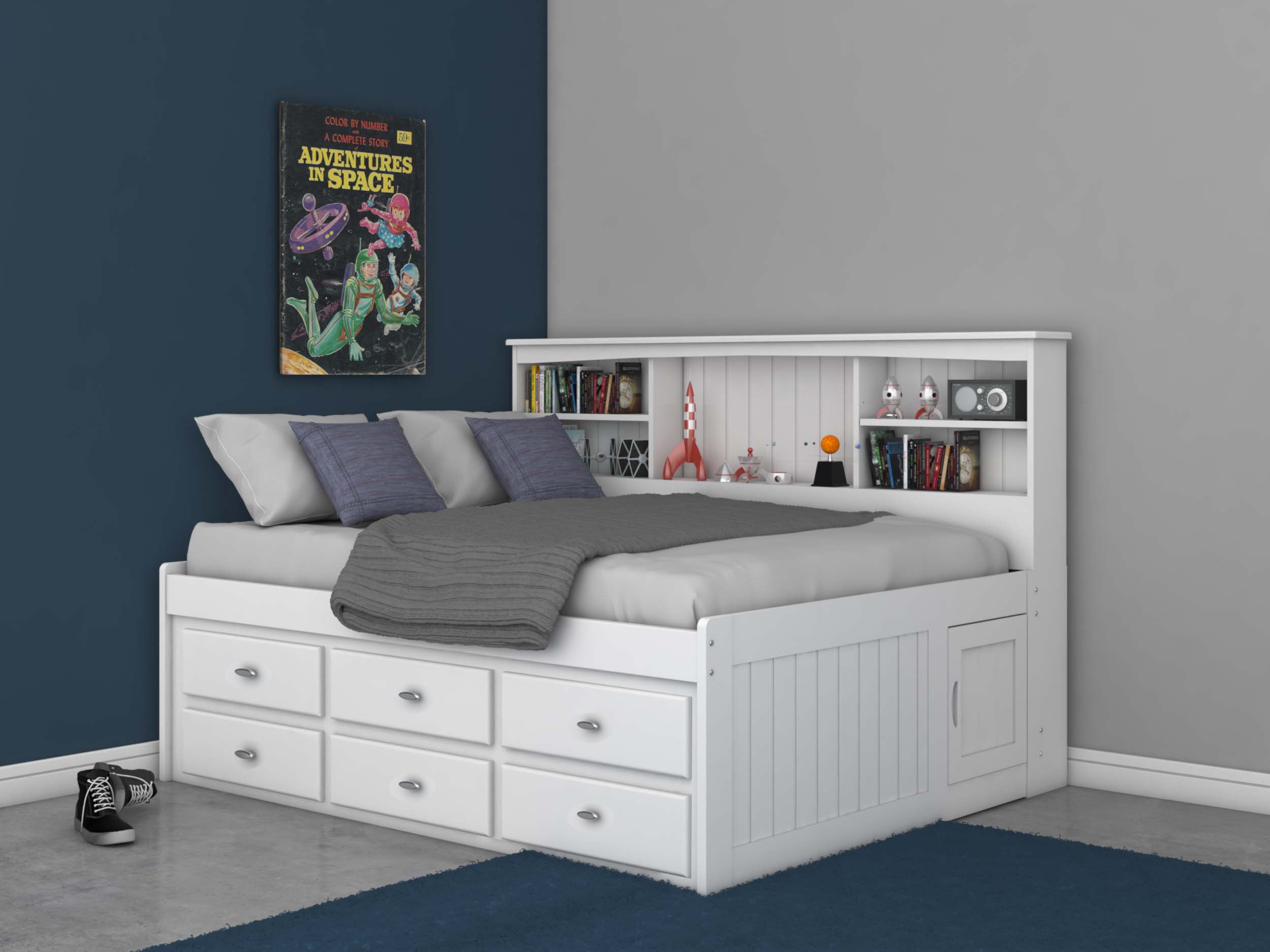 OS Home and Office Furniture Solid Pine Full Bookcase Daybed with Six Drawers in Casual White
