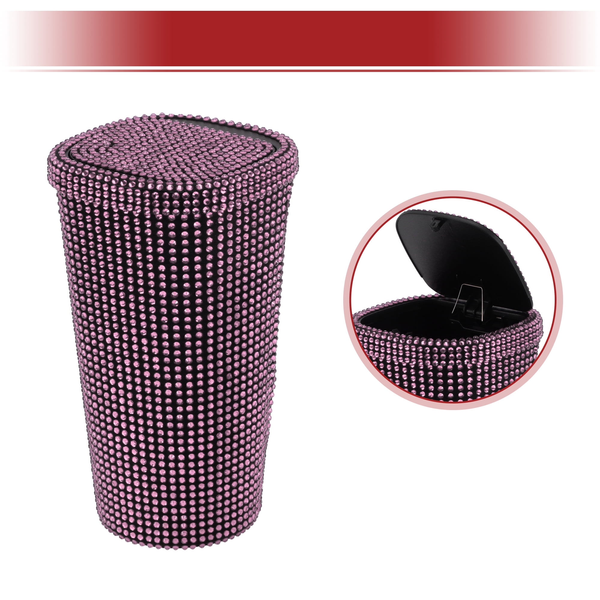 Unique Bargains Car Trash Can Bin Rhinestones Portable 3.5x3.5x6.3in Pink