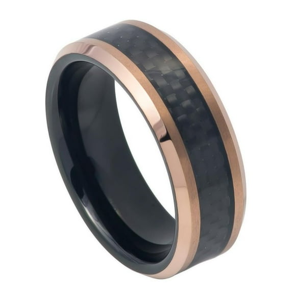 8mm Tungsten Carbide Two-tone Black IP Inside Rose Gold IP Finish, Inlayed with Black Carbon Fiber Wedding band Ring for Men and Ladies