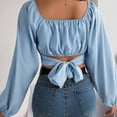 thumbnail image 5 of HAPIMO Women's Casual Elegant Slim Chiffon Shirts Vacation Workout Square Neck Pleated Pullovers Fashion Cropped Tops Lantern Sleeve Business Tees Outfits Blue S, 5 of 8