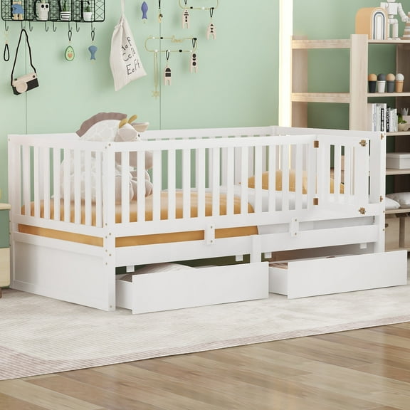 Twin Size Solid and Stable Wood Daybed with Fence Guardrails and 2 Drawers, Split Into Independent Floor Bed & Daybed (White)