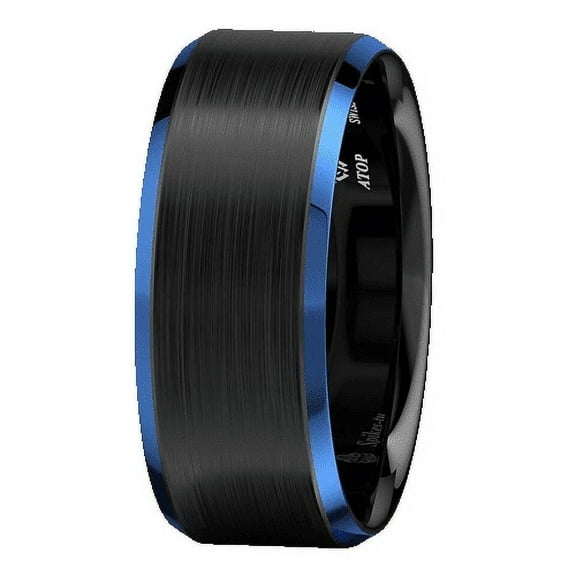 Tungsten Rings for Men Wedding Bands for Him 8mm Black Brushed Blue Edge