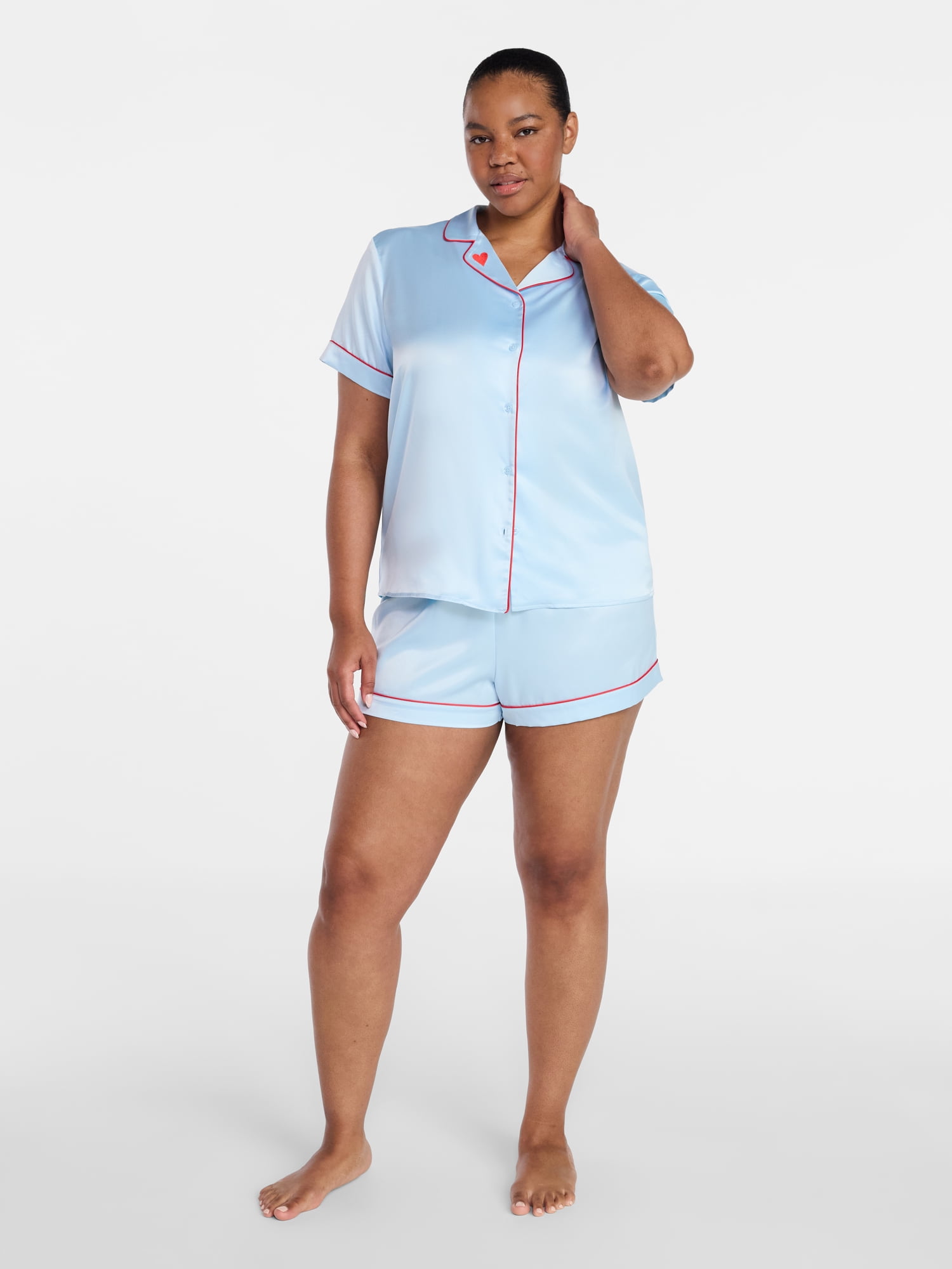 Joyspun Women’s Stretch Satin Short Sleeve Top and Shorts Pajama Set, Sizes XS-3X