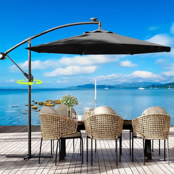 IdealHouse 10 ft Patio Umbrella with Lights, 8 Ribs Outdoor Offset Cantilever Umbrella with 360°Rotation & Tilt Adjustment, UV Protection Outdoor Umbrellas for Backyard Lawn Garden Pool Deck
